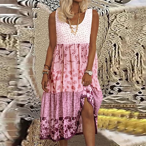 

Women's Casual Dress Shift Dress Floral Dress Midi Dress Blue Pink Yellow Sleeveless Floral Print Spring Summer Crew Neck 2022 S M L XL XXL 3XL 4XL 5XL