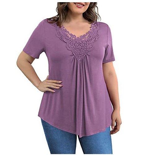 

Women's T shirt Tee Green Blue Purple Plain Lace Short Sleeve Casual Weekend Basic V Neck Regular S