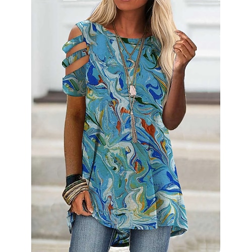 

Women's Daily Painting T shirt Tee Graphic Short Sleeve Cold Shoulder Print Round Neck Basic Tops Blue S / 3D Print