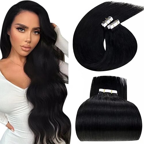 

Tape In Hair Extensions Remy Human Hair 50 Pieces Pack Straight Black Natural Hair Extensions / Daily Wear / Party