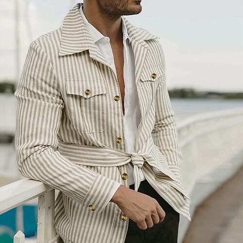 

Men's Shirt Overshirt Shirt Jacket Striped Turndown Khaki Long Sleeve Outdoor Street Button-Down Tops Fashion Casual Breathable Comfortable