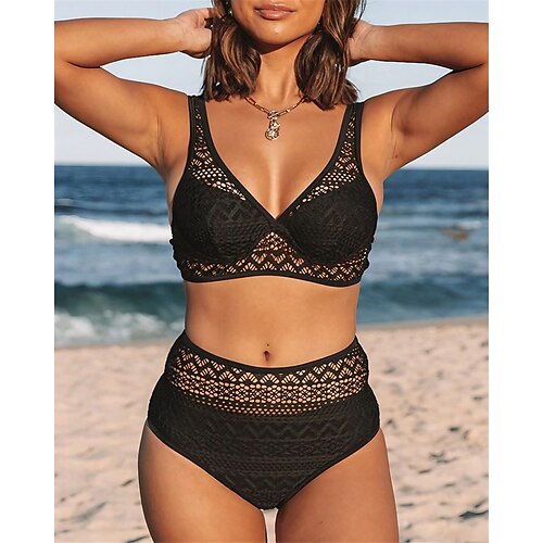 

Women's Swimwear Bikini 2 Piece Plus Size Swimsuit Open Back Printing Pure Color Black Tank Top V Wire Bathing Suits Sexy Vacation Fashion / Modern / New / Padded Bras