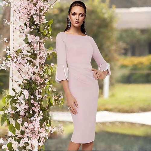 

Sheath / Column Mother of the Bride Dress Elegant Jewel Neck Tea Length Stretch Fabric 3/4 Length Sleeve with Side-Draped 2022