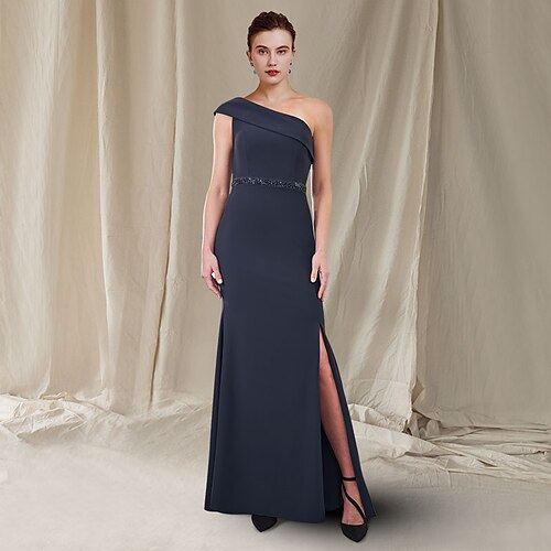 

A-Line Mother of the Bride Dress Plus Size Elegant One Shoulder Floor Length Stretch Fabric Sleeveless with Sash / Ribbon Split Front 2022