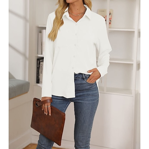 

Mulheres Camisa Social Blusa Preto Branco Amarelo Tecido Botão Bolsos Manga Longa Diário Final de semana Roupa de rua Casual Colarinho de Camisa Padrão S