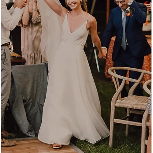

A-Line Wedding Dresses V Neck Spaghetti Strap Sweep / Brush Train Chiffon Imitated Silk Sleeveless Formal Sexy Little White Dress Backless with Solid Color 2022