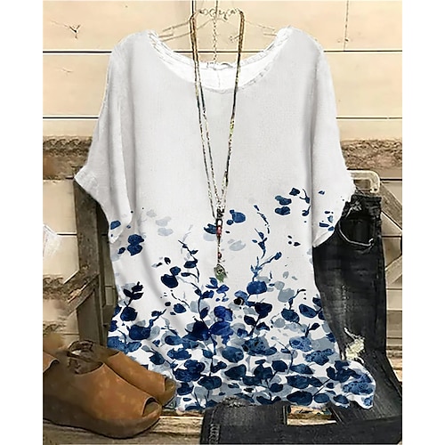 

Women's Plus Size Tops T shirt Floral Print Short Sleeve Crewneck Streetwear Daily Sports Cotton Spandex Jersey Spring Summer Gray Pink