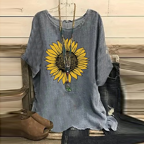 

Women's T shirt Tee Gray Sunflower Print Short Sleeve Casual Daily Basic Round Neck Regular Cotton Loose Fit S / 3D Print
