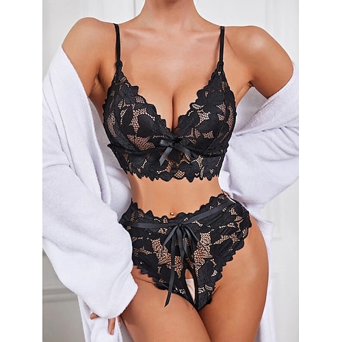 

Women's Sexy Bodies Lingerie Set 2 Pieces Leaves Ultra Slim Soft Sweet Bed Valentine's Day Spandex Straps Sleeveless Embroidery Hole Summer Black / Super Sexy