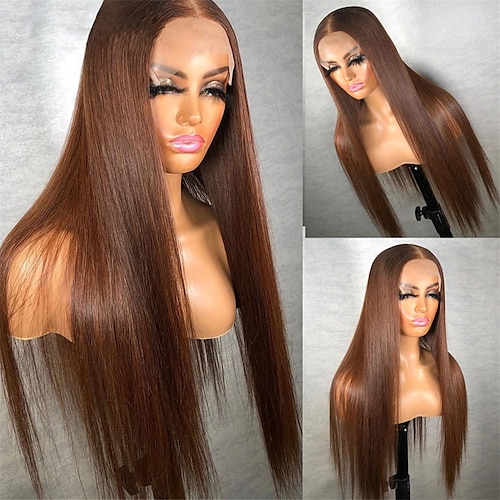 

Straight Human Hair Wig Brown Color 4x4 Lace Closure Wig Baby Hair 150%/180% Density Brazilian Remy Hair Lace Front Wigs For Black Women 8-26 Inch