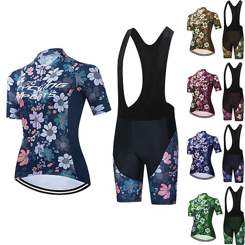 

21Grams Women's Cycling Jersey with Bib Shorts Short Sleeve Mountain Bike MTB Road Bike Cycling Green Purple Dark Navy Floral Botanical Bike Clothing Suit 3D Pad Breathable Quick Dry Moisture Wicking