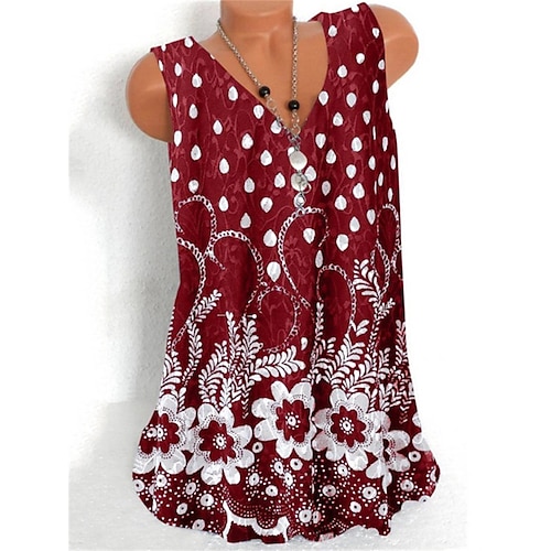 

Women's Tank Top Camis Red Floral Polka Dot Print Sleeveless Daily Holiday Streetwear Casual V Neck Regular Floral S / 3D Print