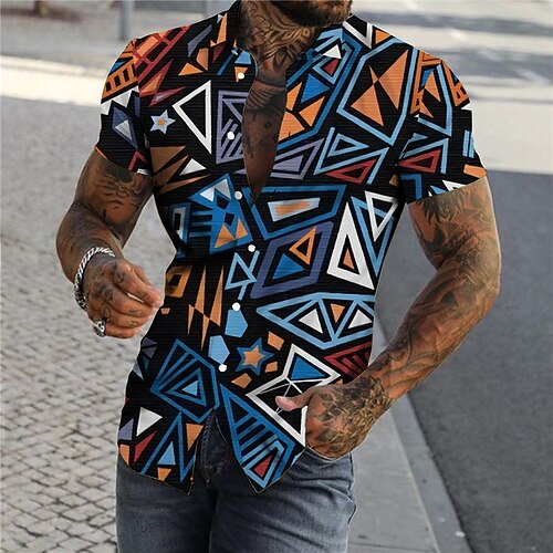 

Men's Shirt Print Geometry Turndown Street Casual Button-Down Print Short Sleeve Tops Designer Casual Fashion Breathable Green Blue Purple / Summer / Spring / Summer