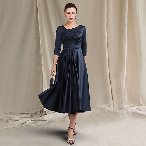 

A-Line Mother of the Bride Dress Elegant Bateau Neck V Neck Tea Length Satin Half Sleeve with Pleats Ruched 2022