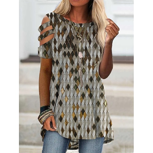 

Women's Daily Geometric T shirt Tee Plaid Short Sleeve Cold Shoulder Print Round Neck Basic Tops Khaki S / 3D Print