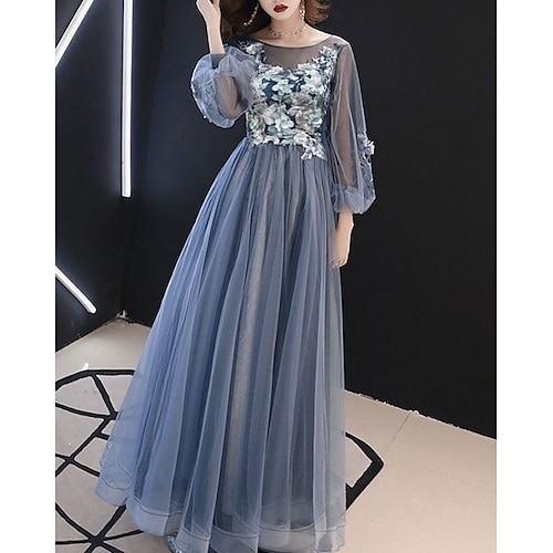 

A-Line Prom Dresses Luxurious Dress Wedding Guest Floor Length Long Sleeve Illusion Neck Tulle with Appliques 2022 / Formal Evening