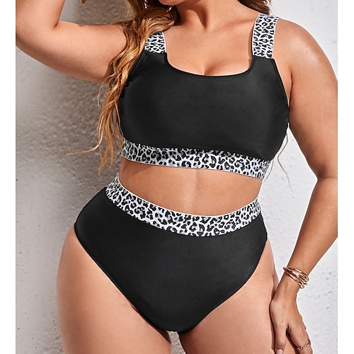 

Mulheres Roupa de Banho Biquíni 2 partes Tamanho Grande roupa de banho Frente Única Estampado Cintura alta Leopardo Verde Preto Vinho Fatos de banho novo à moda Férias / Sensual / Com Bojo