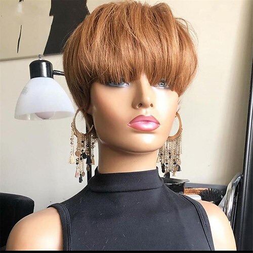 

Honey Blonde Color Short Bob Pixie Cut Wig With Bangs Straight Remy Brazilian Human Hair Wigs For Black Women Machine Made