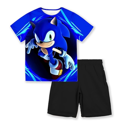 

2 Pieces Kids Boys Sonic T-shirt & Shorts Clothing Set Outfit Cartoon Short Sleeve Crewneck Set Outdoor Sports Fashion Cool Spring Summer 3-13 Years Blue