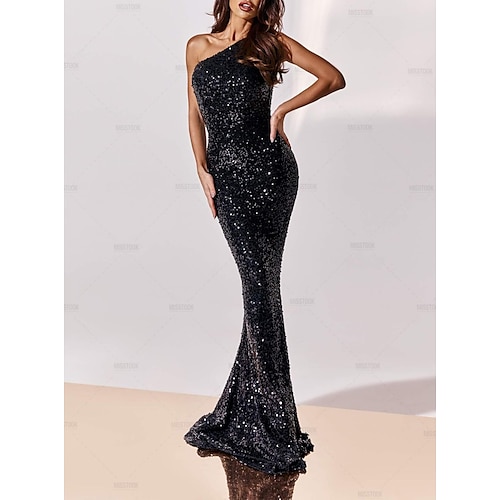 

Women's Party Dress Sequin Dress Long Dress Maxi Dress Black Sleeveless Pure Color Sequins Spring Summer One Shoulder Evening Party Slim 2022 S M L XL