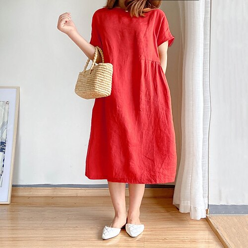 

Women's Plus Size Curve Shift Dress Solid Color Round Neck Short Sleeve Spring Summer Work Basic Knee Length Dress Causal Daily Dress