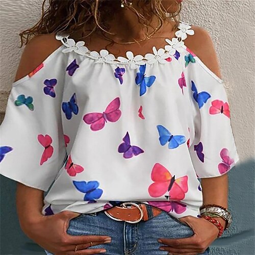 

Women's Plus Size Tops T shirt Tee Butterfly Heart Cut Out Print 3/4 Length Sleeve One Shoulder Streetwear Daily Back to School Cotton Fall Spring White Blue