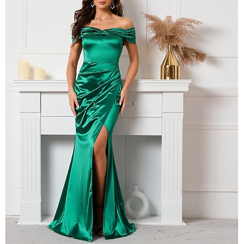 

Mermaid / Trumpet High Split Prom Formal Evening Dress Off Shoulder Backless Short Sleeve Floor Length Satin with Slit Pure Color 2022