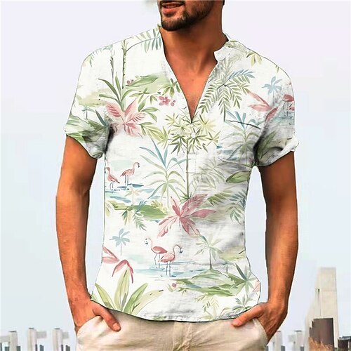 

Men's Shirt Print Flamingo Coconut Tree V Neck Street Casual Button-Down Print Short Sleeve Tops Casual Fashion Designer Breathable Green