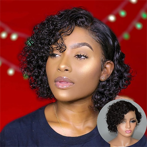 

4x4x1 Short Curly Bob Lace Part Wigs 150%/180% Density Pixie Cut Curly Human Hair Wig Remy Hair Pre plucked For Black Women