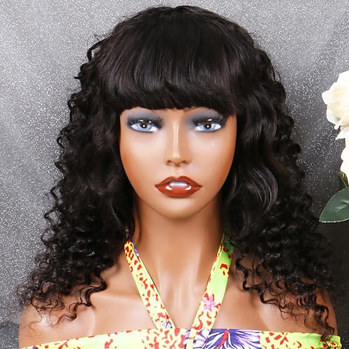 

Human Hair Wig Long Deep Wave Neat Bang Natural Classic Adorable Best Quality Capless Brazilian Hair Unisex Natural Black #1B 10 inch 12 inch 14 inch Party / Evening Daily Wear Vacation