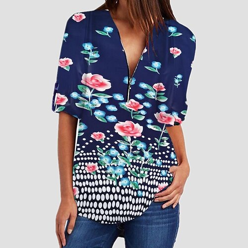

Mujer Camisa Rosa Azul Piscina Verde Trébol Graphic Floral Cremallera Estampado Manga Larga Diario Escote Redondo Flor S