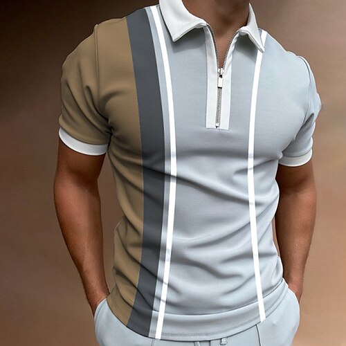 

Men's Collar Polo Shirt Golf Shirt Quarter Zip Polo Striped Turndown Gray Hot Stamping Outdoor Street Short Sleeve Zipper Print Clothing Apparel Fashion Casual Breathable Comfortable / Summer