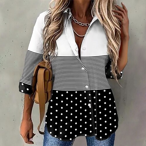 

Women's Shirt Blouse White Red Blue Polka Dot Color Block Button Print Long Sleeve Daily Weekend Streetwear Casual Shirt Collar Regular S