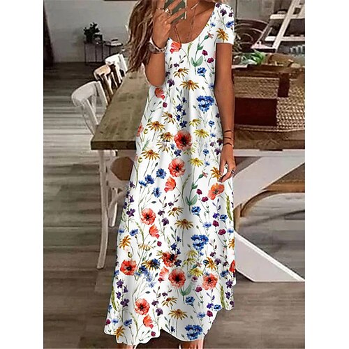 

Robe longue maxi Femme Robe casual Manche Courte Eté Printemps - Vacances Elégant Décontractées Poche Imprimer Floral Col V 2023 Blanche S M L XL XXL 3XL