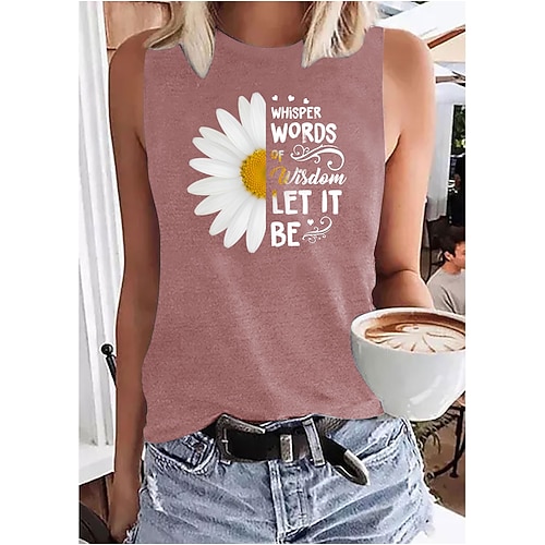 

Women's Daily Holiday Going out Tank Top Floral Daisy Letter Sleeveless Print Round Neck Basic Tops Blue Purple Pink S
