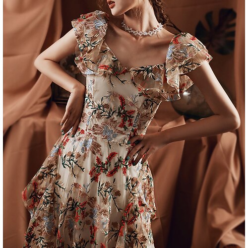 

A-Line Prom Dresses Elegant Dress Prom Floor Length Short Sleeve Square Neck Polyester with Embroidery Pattern / Print 2022 / Formal Evening