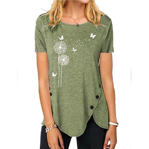 

2022 Women's irregular button short-sleeved round neck printed women's t-shirt