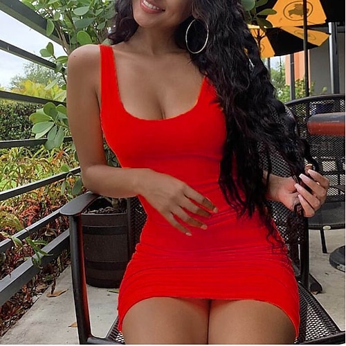 

Women's Bodycon Sheath Dress Mini Dress Green Black Red Sleeveless Pure Color Backless Spring Summer U Neck Hot Slim 2022 S M L XL