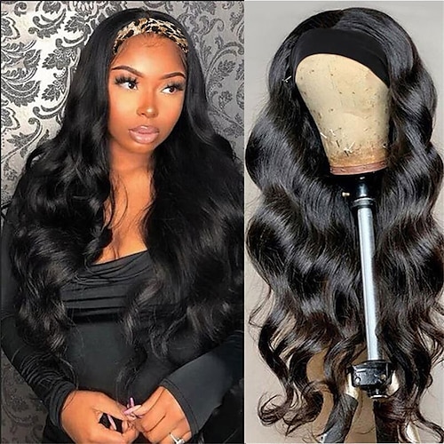 

Human Hair Wig Body Wave With Headband Natural Black Adjustable Easy to Carry Natural Hairline Machine Made Brazilian Hair Women's Natural Black #1B 12 inch 14 inch 16 inch Party / Evening Daily Wear