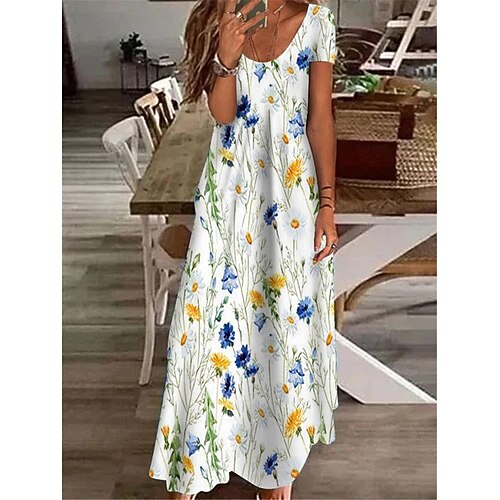 

Women's Casual Dress Shift Dress Long Dress Maxi Dress White Short Sleeve Floral Pocket Spring Summer V Neck 2022 S M L XL XXL 3XL