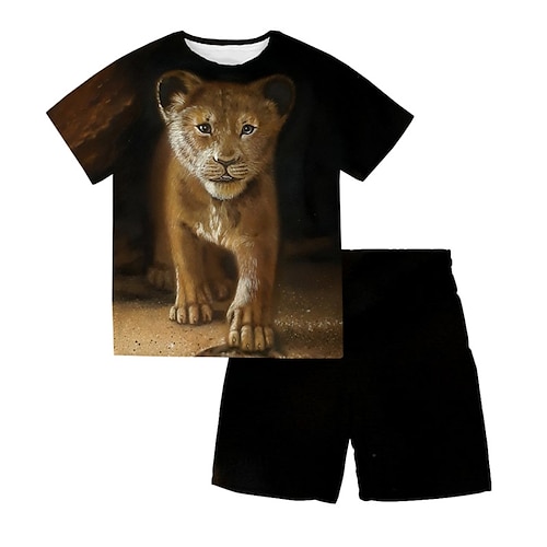 

2 Pieces Kids Boys T-shirt & Shorts Clothing Set Outfit Animal Lion Short Sleeve Crewneck Set Outdoor Sports Fashion Cool Spring Summer 3-13 Years Black