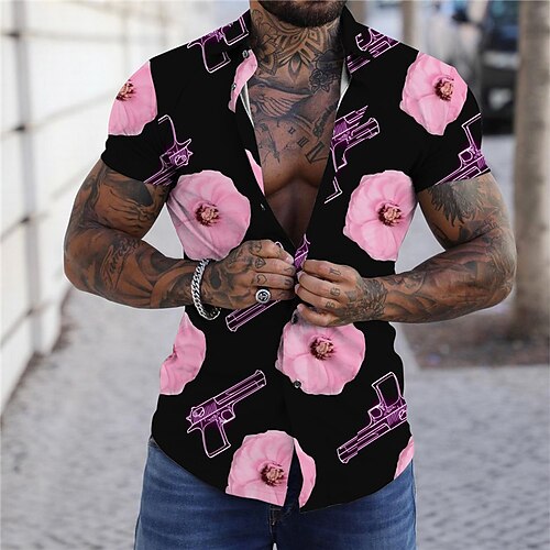 

Homens Camisa Social Camisa Gráfica Floral Aberto para a Lateral Rosa Estampado Ao ar livre Rua Manga Curta Botão para baixo Imprimir Roupa Moda Designer Casual Respirável / Verão / Primavera / Verão