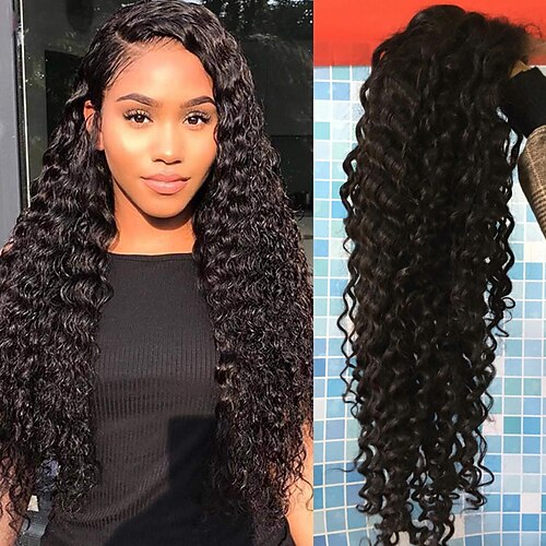 

13x4 Deep Wave Frontal Wig Brazilian Curly Full Lace Human Hair Wigs For Women Middle Part Free Part Brazilian Hair Curly Black Wig