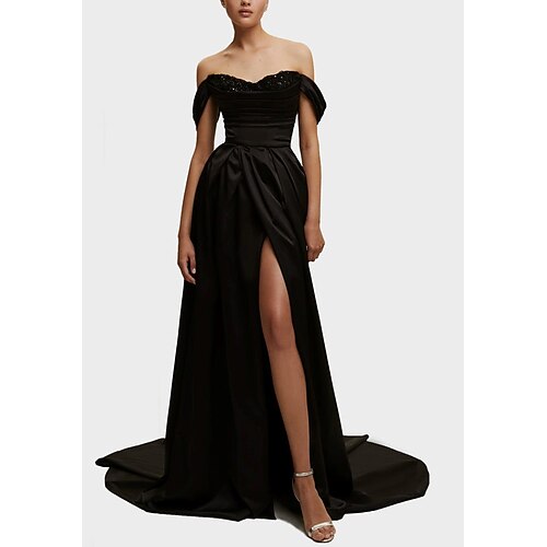 

A-Line Evening Dresses Elegant Dress Wedding Guest Court Train Short Sleeve Off Shoulder Satin with Sequin Slit 2022 / Formal Evening