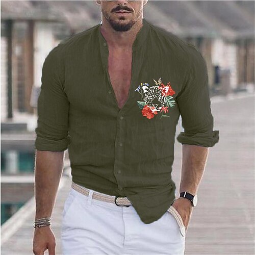 

Men's Shirt Hot Stamping Floral Graphic Animal Collar Street Casual Button-Down Print Long Sleeve Tops Casual Fashion Designer Big and Tall White Black Army Green