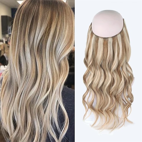 

Remy Halo Hair Extensions Real Silky Straight Human Hair One Hairpiece with Invisible Fish Line Highlight Color Ash Blonde to Platinum Blonde P8/60# For Daily Party
