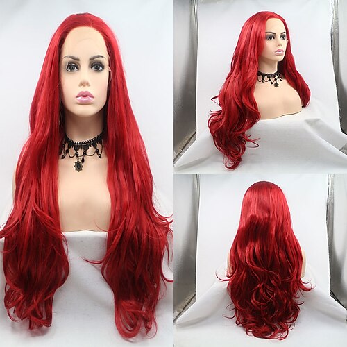 

Glueless Synthetic Lace Front Wig Red Long Wavy Middle Part Lace Wigs Synthetic Hair Wig for Women