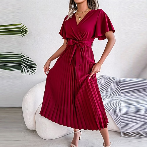 

Damen Casual kleid Schaukelkleid Boho-Kleid Midikleid Schwarz Rote Grün Langarm Einfarbig mit Schnürung Winter Herbst V Ausschnitt Boho winterkleider damen Wochenende herbstkleider 2023 S M L XL