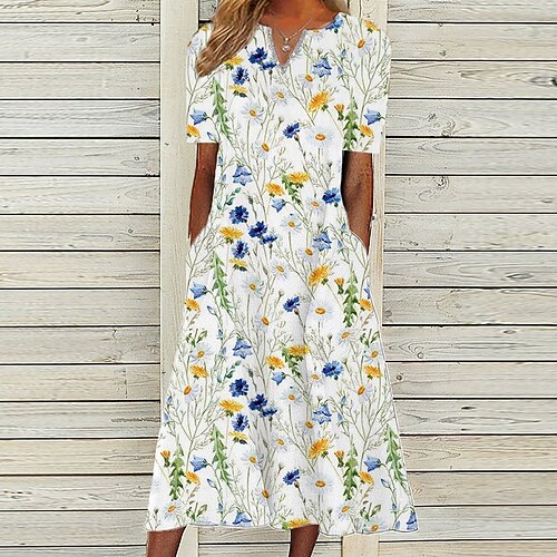 

Women's A Line Dress Midi Dress White Short Sleeve Floral Pocket Print Spring Summer V Neck Casual Vacation 2022 S M L XL XXL 3XL