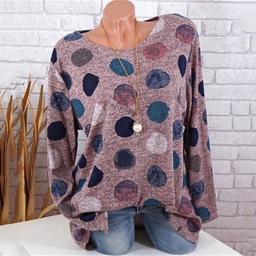 

Women's Plus Size Tops Blouse Shirt Polka Dot Print Long Sleeve Crewneck Streetwear Daily Vacation Cotton Fall Winter Pink Wine